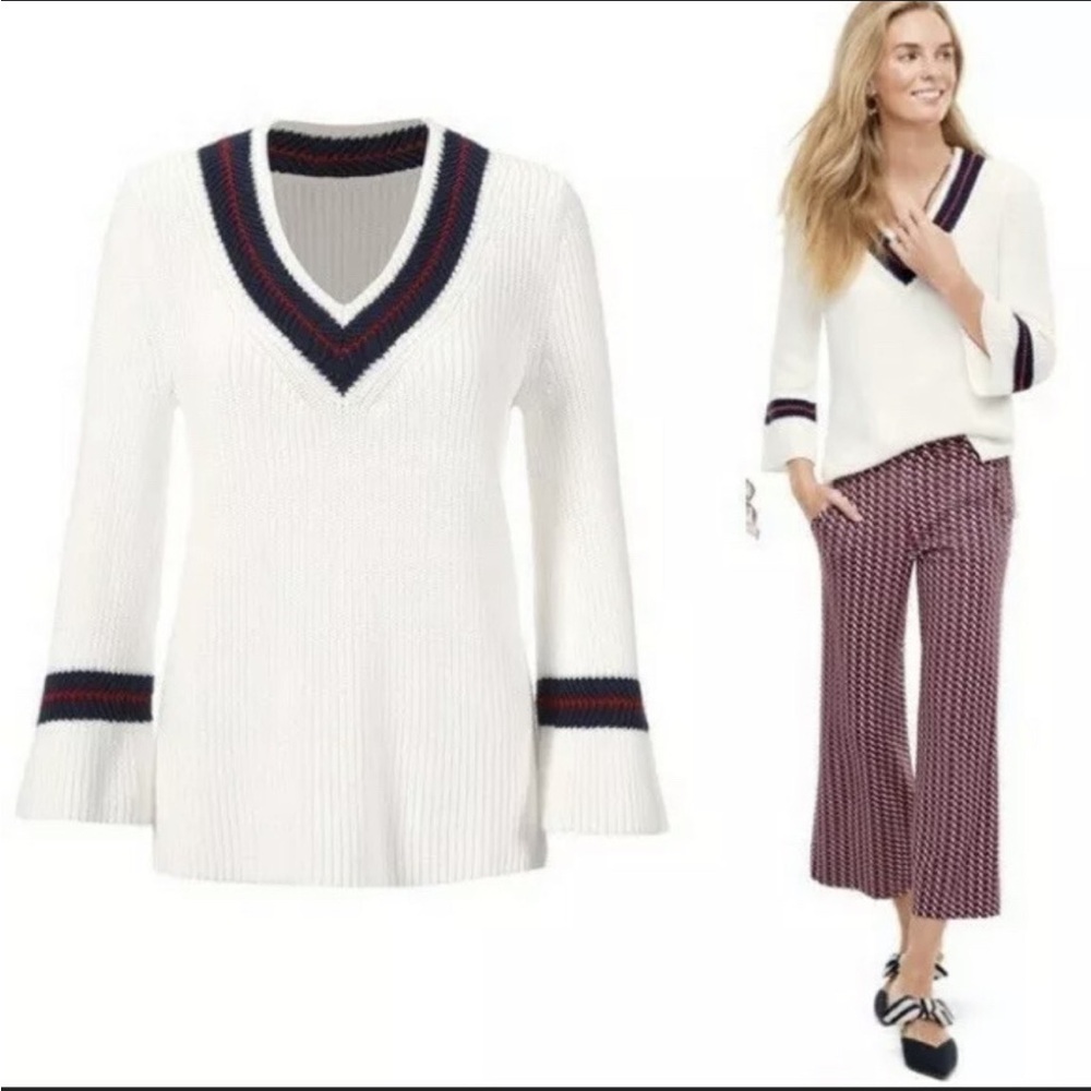 CAbi Women's Cream V-Neck Sweater with Black and Red Trim